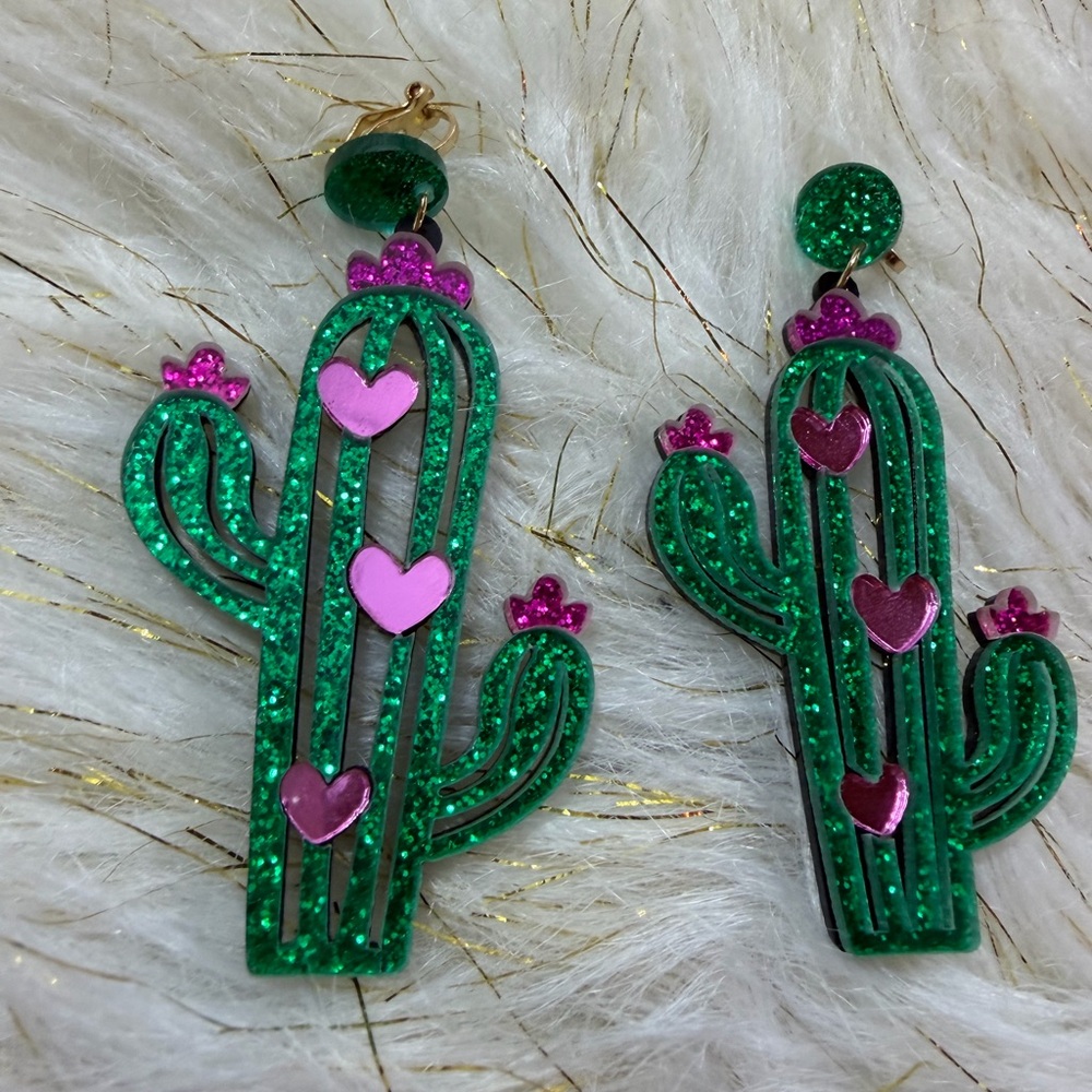 Pink Heart Glitter Cactus Clip On Earrings 🌵💖 Maximalist Vacation Jewelry